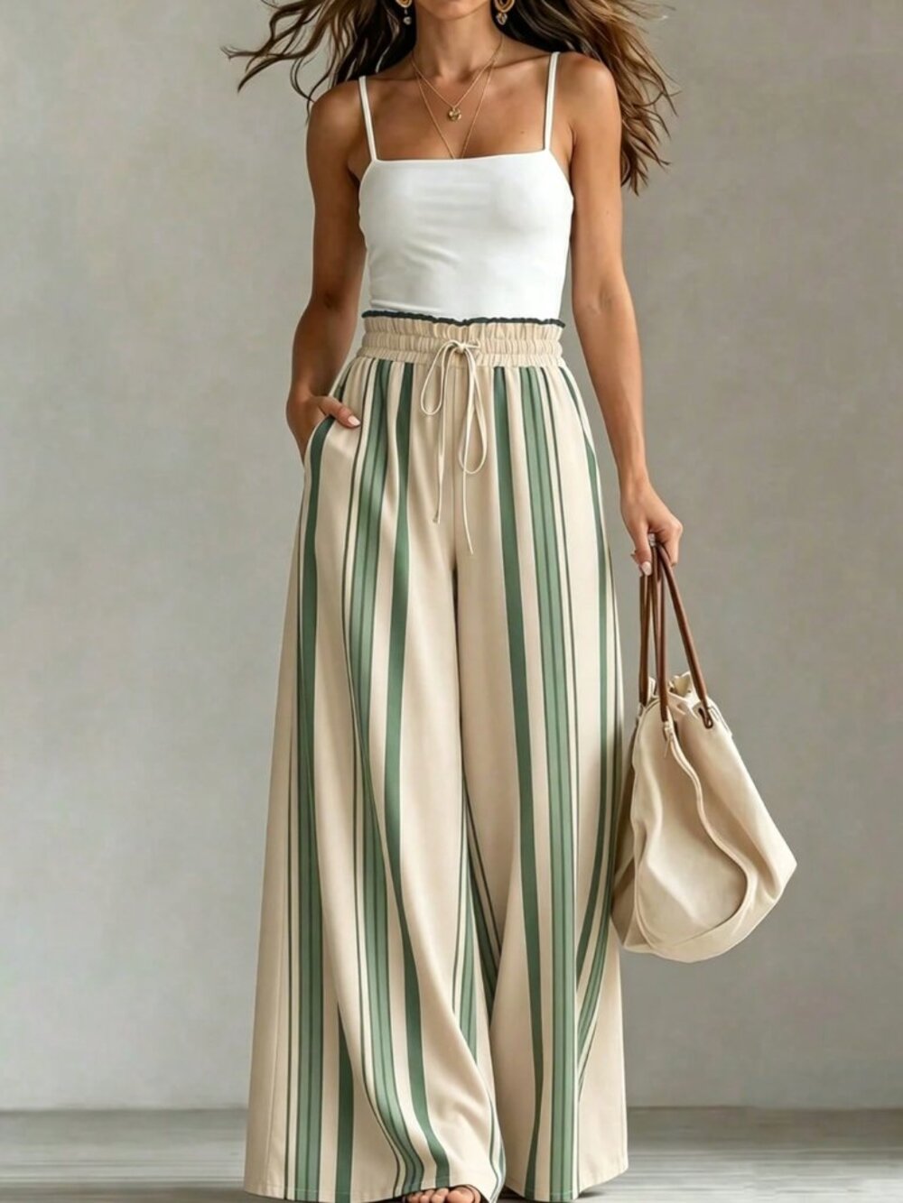 Beige Vertical Striped Wide Leg Pants with Pockets